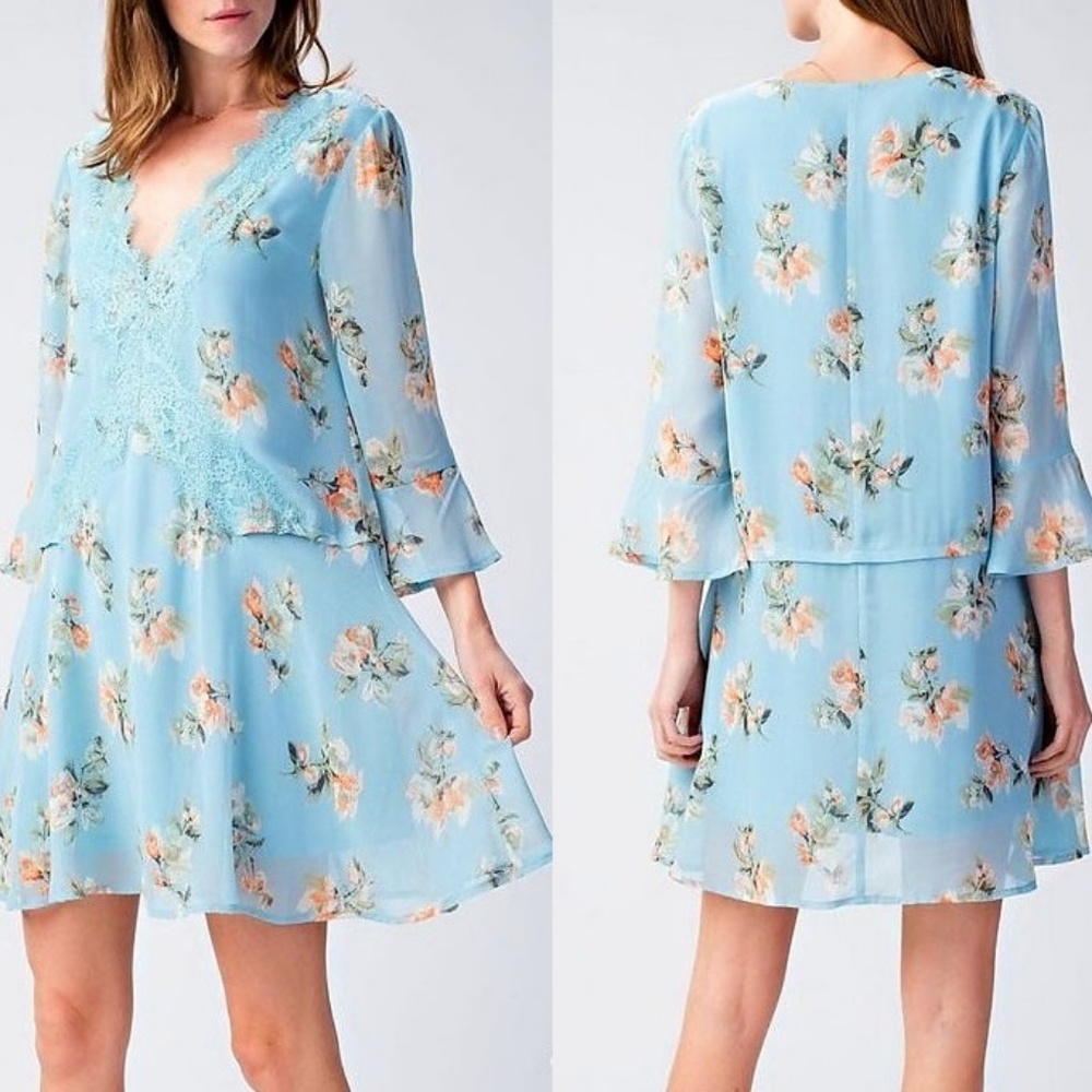 Floral Print Lace Detail 3/4 Sleeve Chiffon Dress